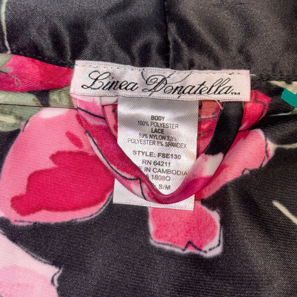 Linea Donatella Luxury Floral Print Lace Trim Wrap Robe rose black satin small - Picture 8 of 9